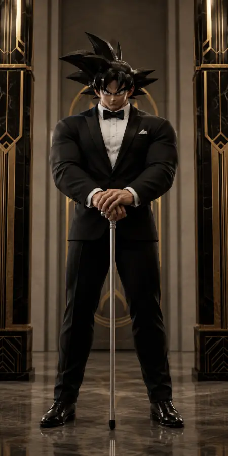 Goku Wearing Elegant Black Tuxedo Suit 4K wallpaper for desktop and mobile - Pixbee