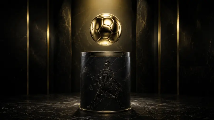 Golden Football Levitating Over a Marble Cylinder with Ronaldo Engraving 4K wallpaper for desktop and mobile - Pixbee