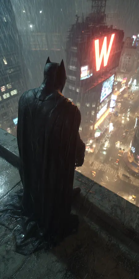 Gotham Vigilante Over City Lights 4K wallpaper for desktop and mobile - Pixbee