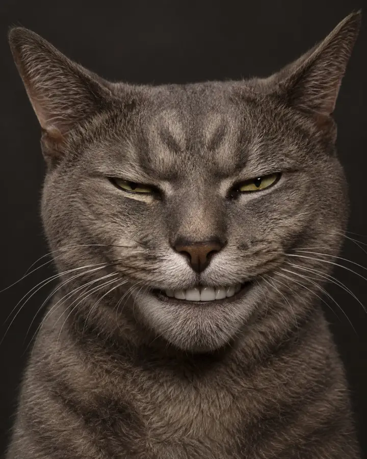 Grey Cat Smiling With Human Teeth — stock images phone wallpaper