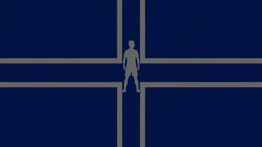 Grey Silhouette of Cristiano Ronaldo standing at the Center of a Dark Blue Cross 4K wallpaper for desktop and mobile - Pixbee