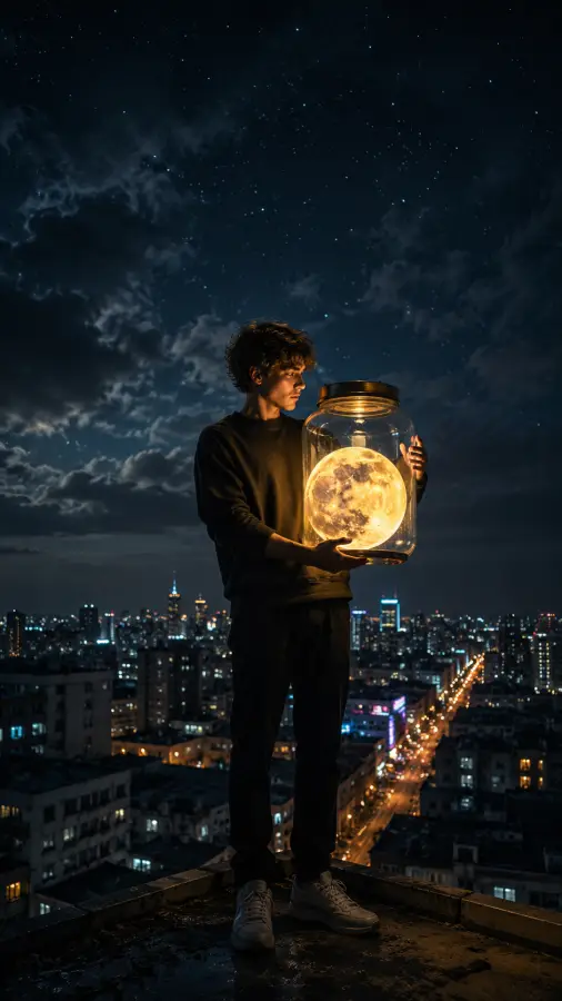 Guy Holding Glowing Full Moon Glass Jar Rooftop 4K wallpaper for desktop and mobile - Pixbee