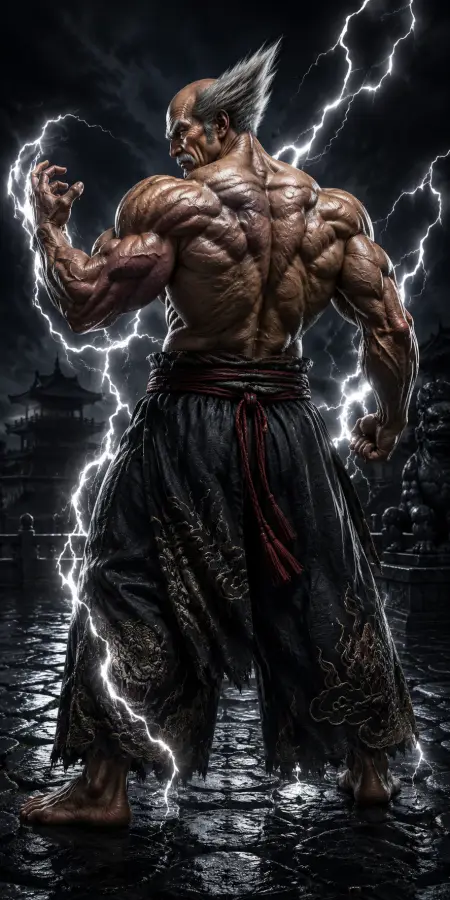 Heihachi Mishima Back Muscles Lightning Storm Over Temple 4K wallpaper for desktop and mobile - Pixbee