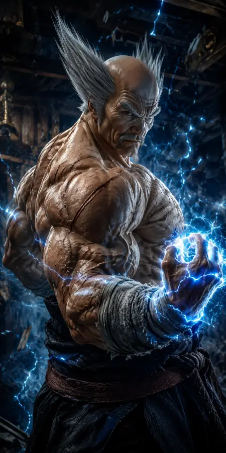 Heihachi Mishima Electric Mishima Fist Lightning Aura Dojo Ruins 4K wallpaper for desktop and mobile - Pixbee