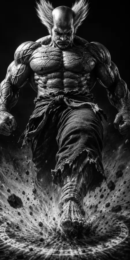 Heihachi Mishima Stomping Down on Ground In Black and White 4K wallpaper for desktop and mobile - Pixbee