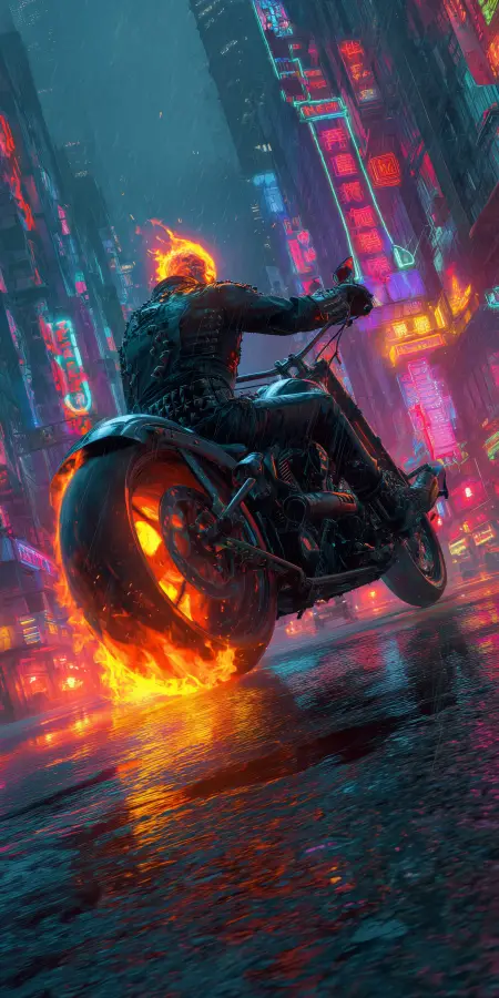 Hell Rider Through Neon Rain - Ghost Rider 4K wallpaper for desktop and mobile - Pixbee