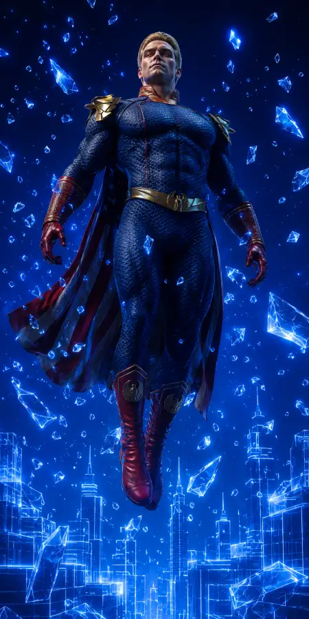 Homelander Floating Amidst Floating Blue Crystals 4K wallpaper for desktop and mobile - Pixbee