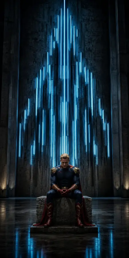 Homelander Sitting Beneath Blue Neon Lights 4K wallpaper for desktop and mobile - Pixbee