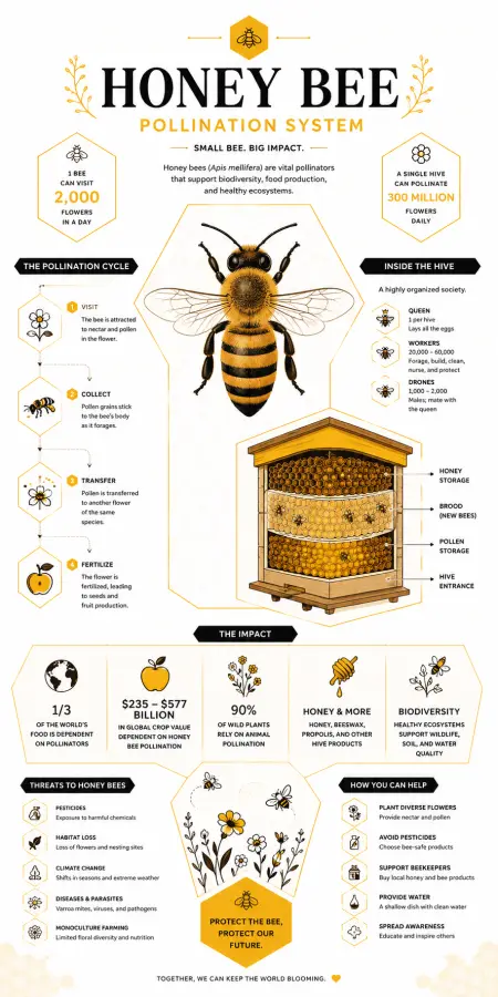 Honey Bee Pollination System: Small Bee, Big Impact on Nature & Food Production 4K wallpaper for desktop and mobile - Pixbee