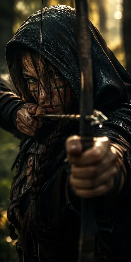 Hooded Female Archer Aiming Bow In Forest — ue5 phone wallpaper