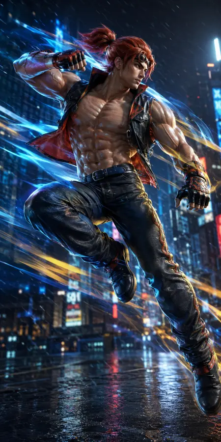 Hwoarang Dynamic Mid Air Kick Cyberpunk Neon Street 4K wallpaper for desktop and mobile - Pixbee