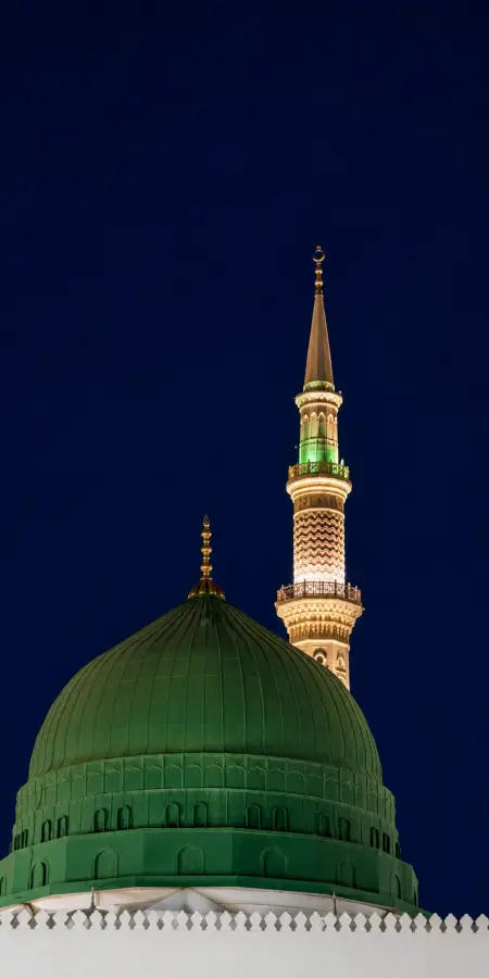 Illuminated Green Dome And Minaret Night — islamic wallpaper phone wallpaper