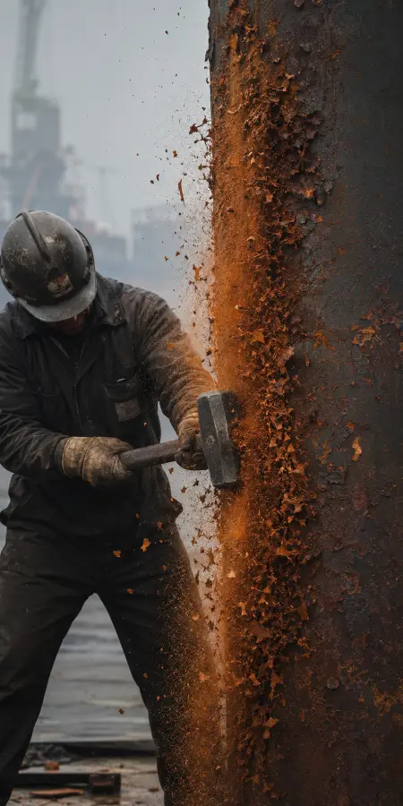 Industrial Worker Striking Rust With Sledgehammer — ue5 phone wallpaper