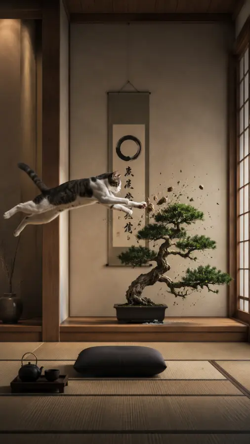 “Inner peace was temporary. Cat chaos has returned 🐈💥🌿” 4K wallpaper for desktop and mobile - Pixbee