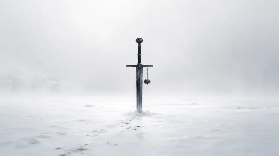 Iron Wolf Sword Embedded in Desolate Snow Field 4K wallpaper for desktop and mobile - Pixbee