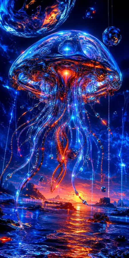 “Cosmic Jellyfish Drifting Through Neon Tides.” 4K wallpaper for desktop and mobile - Pixbee