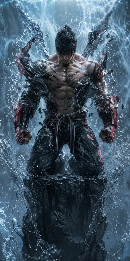 Jin Kazama Awakened State Majestic Waterfall Splashes 4K wallpaper for desktop and mobile - Pixbee