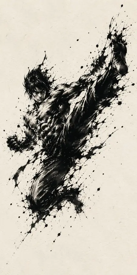 Jin Kazama Dynamic Mid Air Ink Splash Kick 4K wallpaper for desktop and mobile - Pixbee