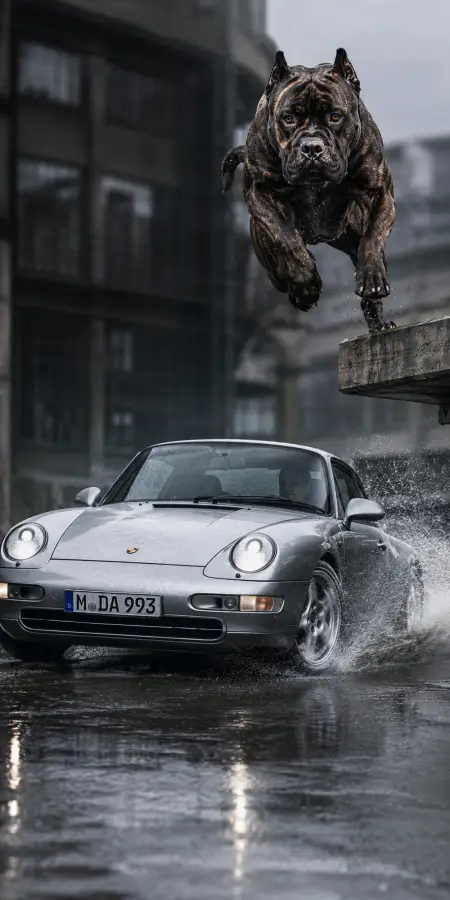 Jumping Pitbull Over Silver Porsche 911 — cars phone wallpaper