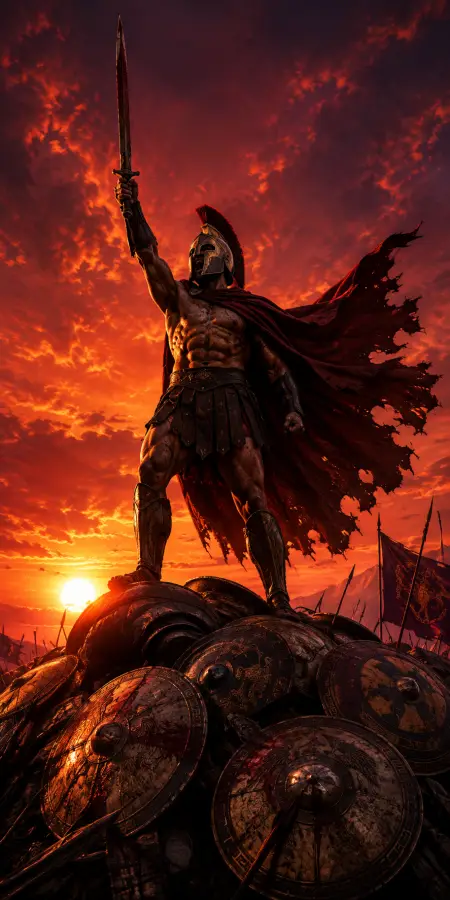 King Leonidas Raising Sword Victory Sunset — iphone wallpapers phone wallpaper