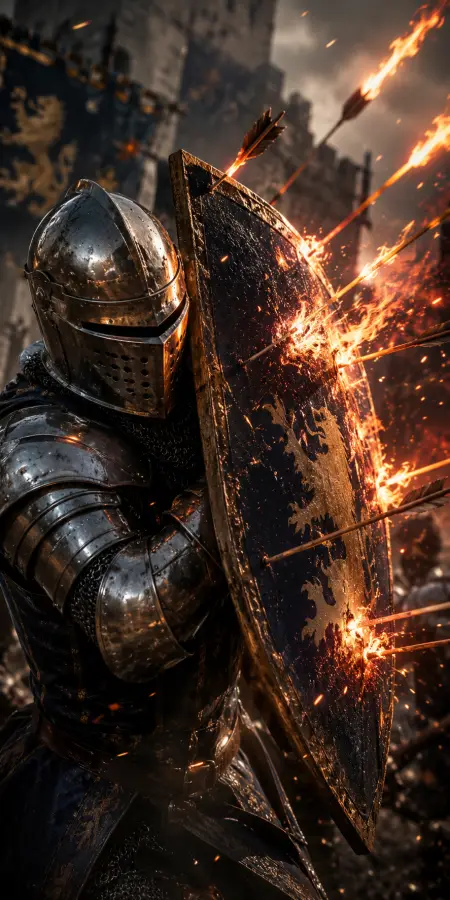 Knight Blocking Flaming Arrows With Shield — ue5 phone wallpaper