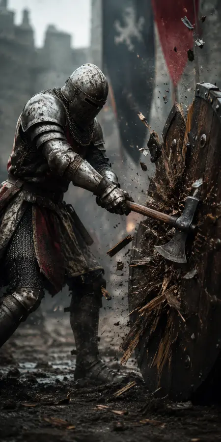 Knight Breaking Wooden Shield With Battle Axe — ue5 phone wallpaper