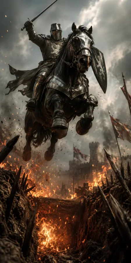 Knight Charging Horse Over Fire Trench — ue5 phone wallpaper