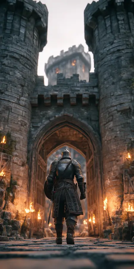 Knight Entering Burning Fortress 4K wallpaper for desktop and mobile - Pixbee