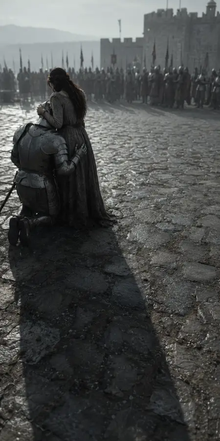 Knight Kneeling Before Lady In Courtyard — ue5 phone wallpaper