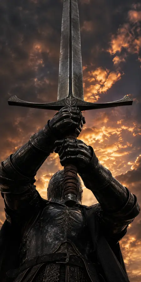 Knight Raising Greatsword Against Sunset Sky — ue5 phone wallpaper