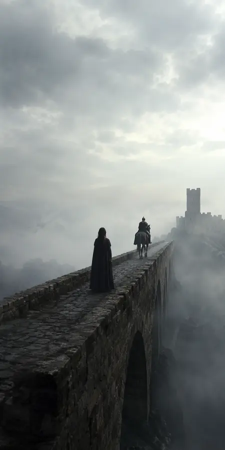 Knight Riding Horse Across Stone Bridge — ue5 phone wallpaper