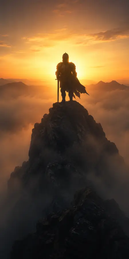 Knight Standing On Mountain Peak Sunset — ue5 phone wallpaper