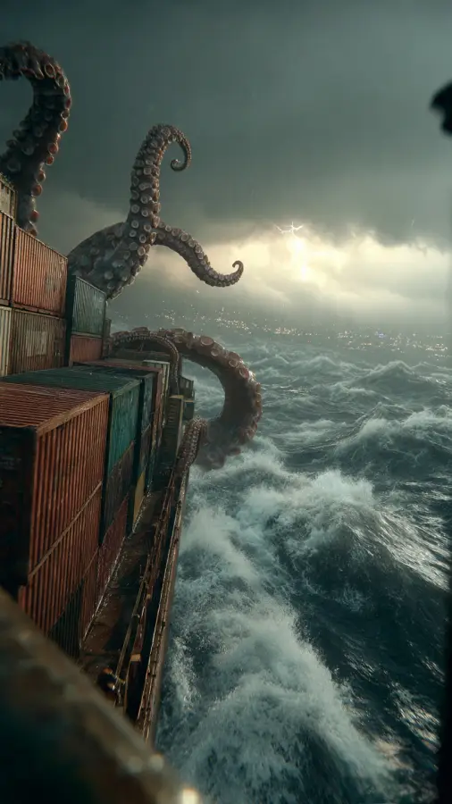 Kraken Rising From Stormy Sea Near Cargo Ship 4K wallpaper for desktop and mobile - Pixbee