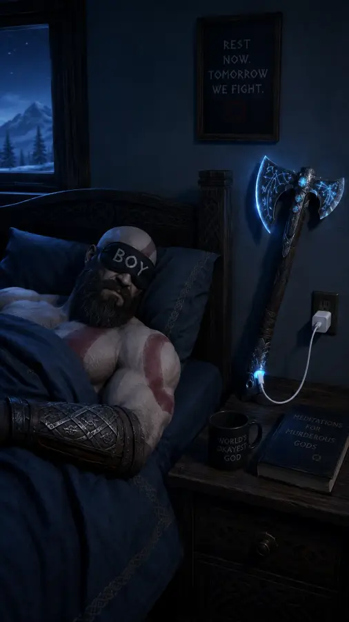 Kratos — “Even the God of War needs sleep mode.” 4K wallpaper for desktop and mobile - Pixbee