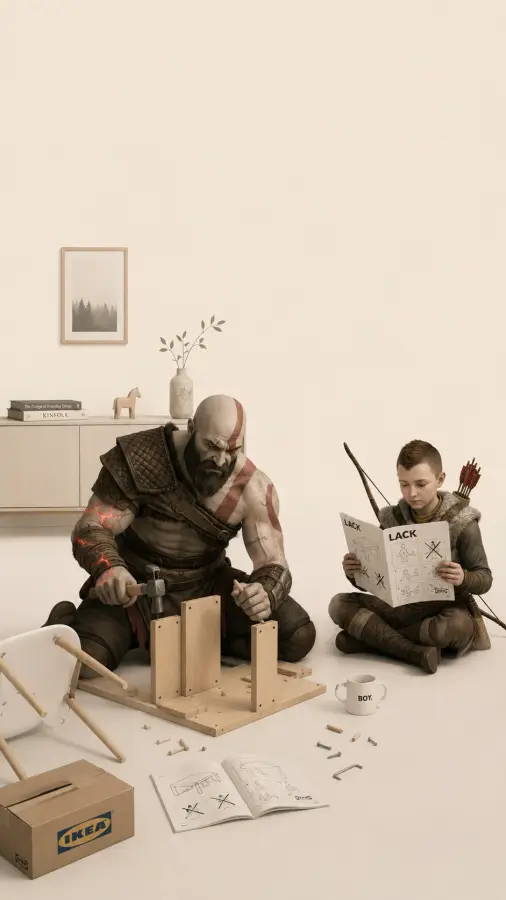 Kratos — “God of War vs. IKEA instructions.” 🪑⚒️ 4K wallpaper for desktop and mobile - Pixbee