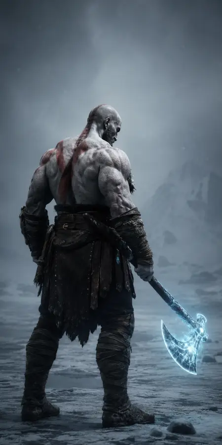 Kratos Holding Glowing Leviathan Axe Frozen Tundra 4K wallpaper for desktop and mobile - Pixbee