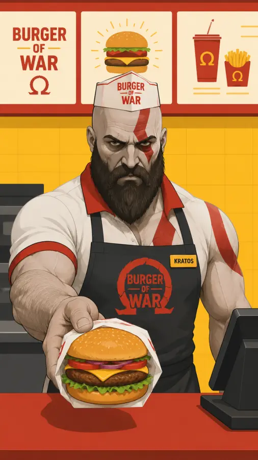Kratos — “Sir, this isn’t fast food. This is Spartan rage between buns.” 4K wallpaper for desktop and mobile - Pixbee