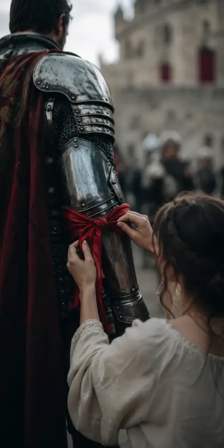 Lady Tying Red Favor On Knight — ue5 phone wallpaper