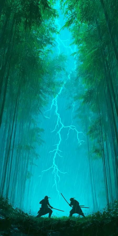 Lightning Storm Samurai Sword Duel 4K wallpaper for desktop and mobile - Pixbee