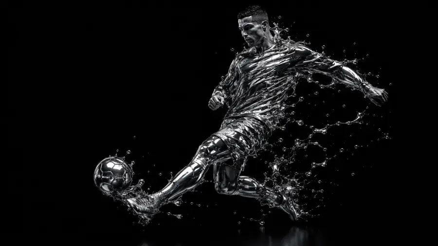 Liquid Chrome Figure of Cristiano Ronaldo Volleying a Glossy Soccer Ball 4K wallpaper for desktop and mobile - Pixbee