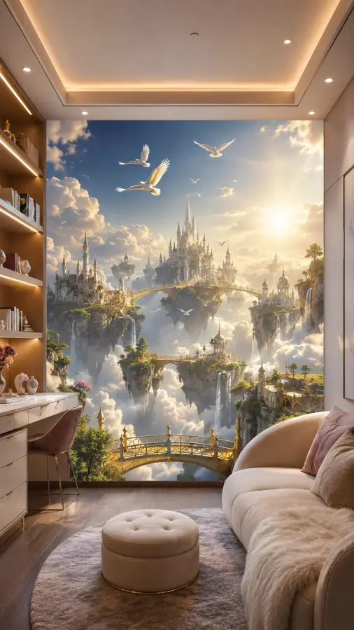 Living Room Fantasy Flying Castle Wall Mural 4K wallpaper for desktop and mobile - Pixbee