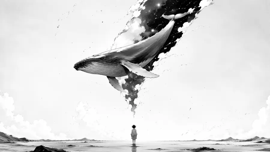 Lone Figure Gazing at a Giant Whale Emerging from a Spatial Rift 4K wallpaper for desktop and mobile - Pixbee