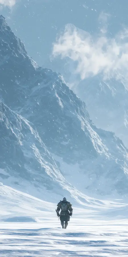 Lone Knight in Frozen Peaks 4K wallpaper for desktop and mobile - Pixbee