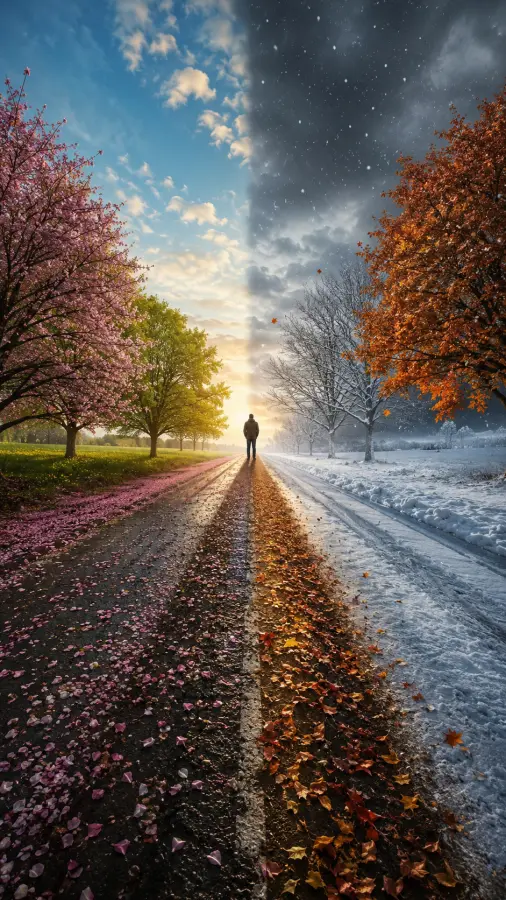 Lonely Figure Walking On Four Seasons Divided Road 4K wallpaper for desktop and mobile - Pixbee