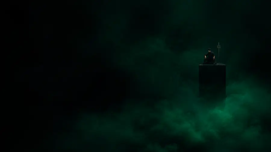 Lonely Figure with Trident Sitting in Green Smoke 4K wallpaper for desktop and mobile - Pixbee