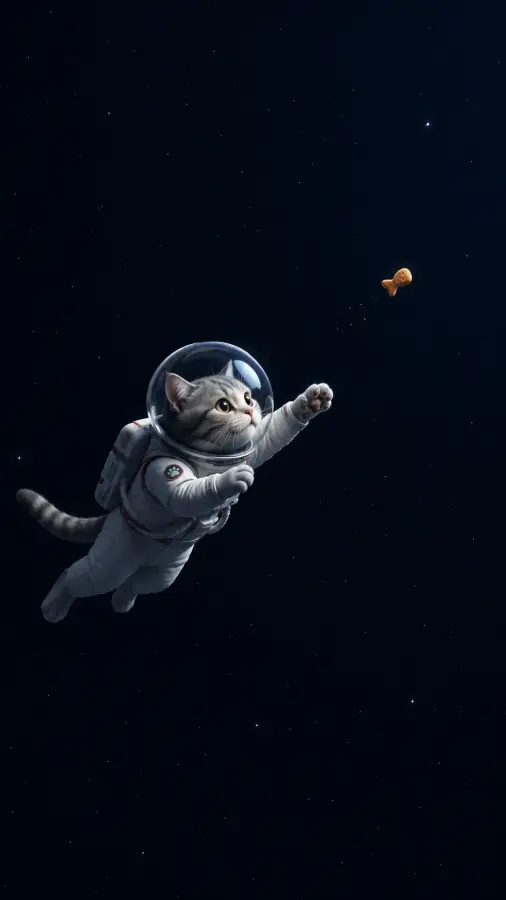 “Lost in space, chasing snacks beyond human understanding 🚀🐈✨” 4K wallpaper for desktop and mobile - Pixbee