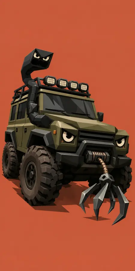 Low Poly Military Jeep With Angry Monster Face 4K wallpaper for desktop and mobile - Pixbee
