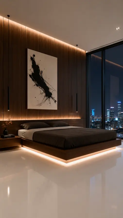 Luxury Modern Walnut Wood Panel Bedroom 4K wallpaper for desktop and mobile - Pixbee