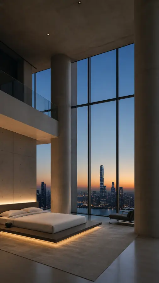 Luxury Penthouse Bedroom Skyline Sunset View 4K wallpaper for desktop and mobile - Pixbee