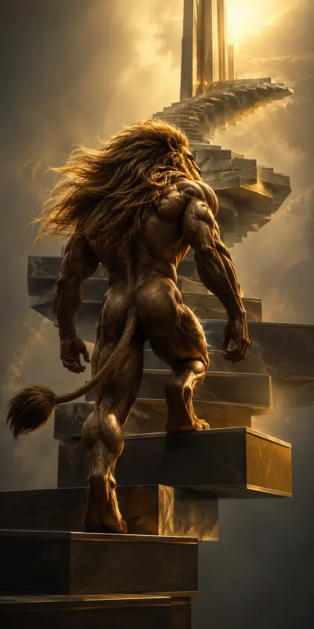 Majestic Muscular Lion Climbing Golden Spiral Staircase 4K wallpaper for desktop and mobile - Pixbee